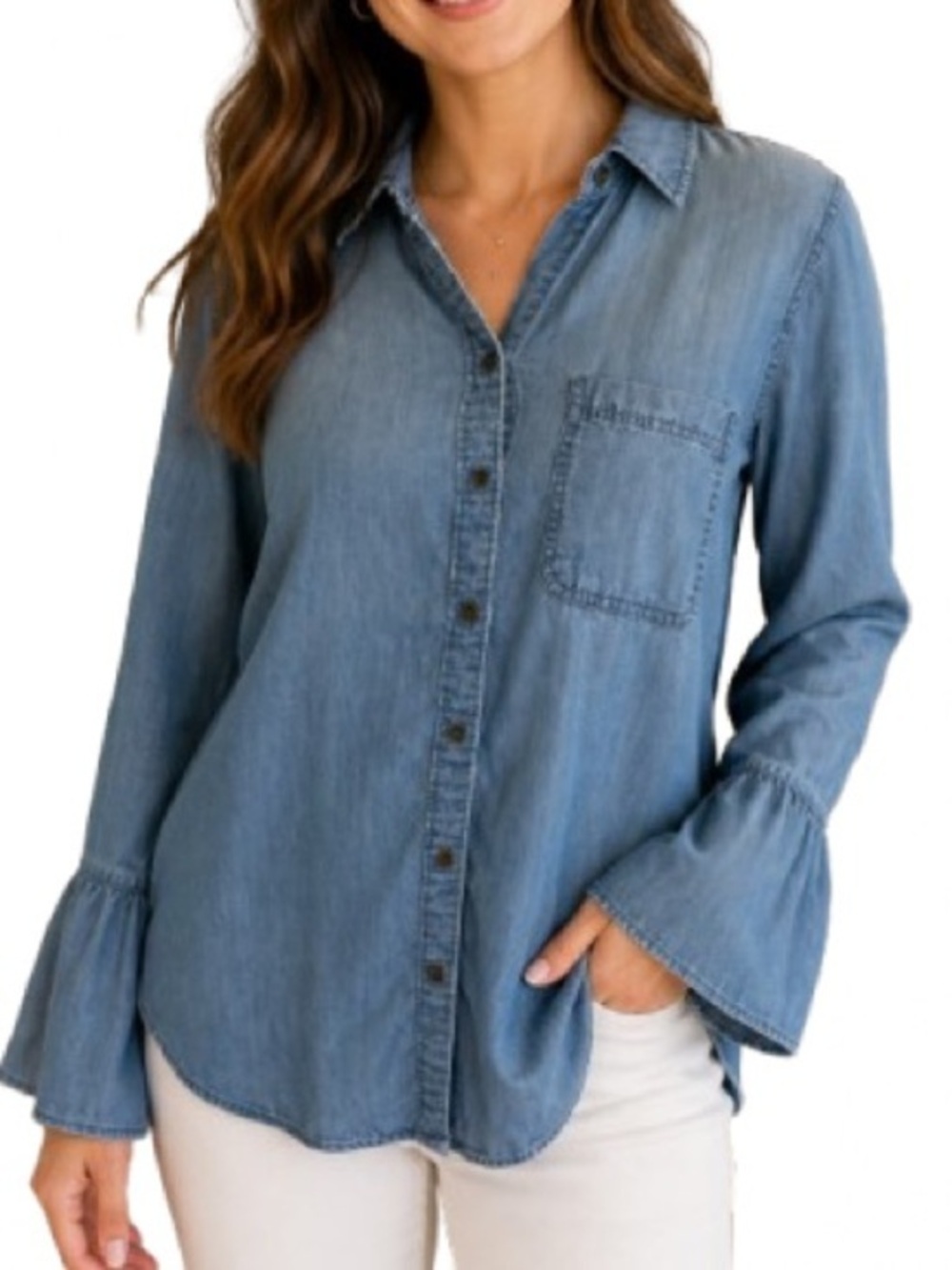 Beachlunchlounge Chambray Button Down Bell Sleeve Shirt Soft Denim S/P